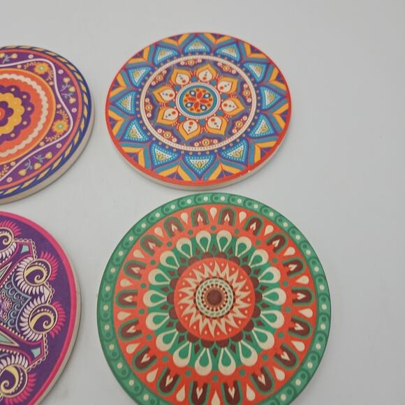 Stone Coaster Set w Cork Ceramic For Drink Table Decor Bar Beautiful Colorful - Picture 3 of 7